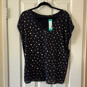 Papermoon Stitch Fix Polka Dot navy with gold metallic foil dots Top XL holiday